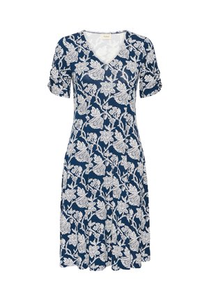 Blaues knielanges Kleid mit weißem Blumenmuster, V-Ausschnitt und kurzen gerafften Ärmeln.