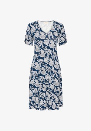 Blaues knielanges Kleid mit weißem Blumenmuster, V-Ausschnitt und kurzen gerafften Ärmeln.