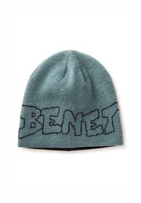 Teal gestrickte Beanie mit auffälliger schwarzer "BENET" Schrift, weicher Textur, abgerundetem Kronendesign und umgeschlagenem Saum für einen enganliegenden Sitz.