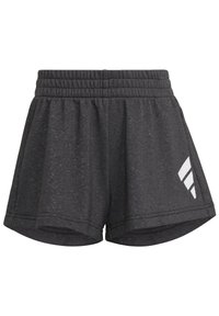 Pantalones cortos de color gris carbón hechos de una tela suave y texturizada. Cuentan con una cintura elástica y un logo blanco en la parte inferior izquierda.