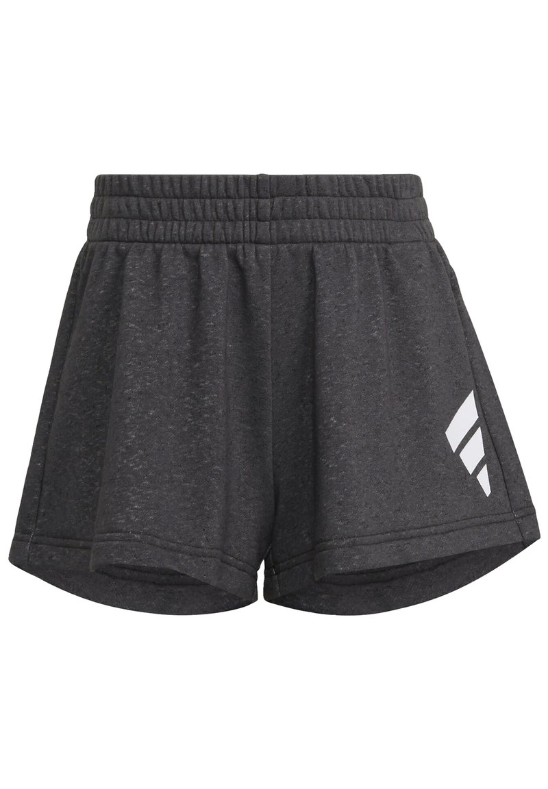 Pantalones cortos de color gris carbón hechos de una tela suave y texturizada. Cuentan con una cintura elástica y un logo blanco en la parte inferior izquierda.