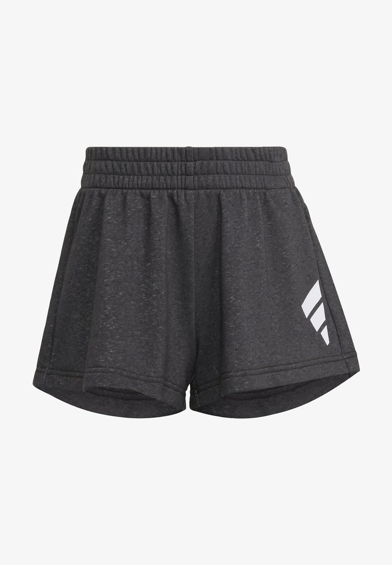 Pantalones cortos de color gris carbón hechos de una tela suave y texturizada. Cuentan con una cintura elástica y un logo blanco en la parte inferior izquierda.