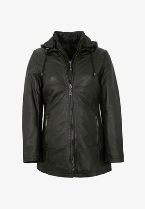 Black leather jacket with a hood, featuring front zip closure, two side zip pockets, and textured finish. Long sleeves and adjustable drawstrings.