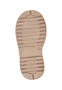 Lichtbruine rubberen schoenzool met horizontale en verticale groeven, ronde teen en een klein rond logo met het nummer 23.