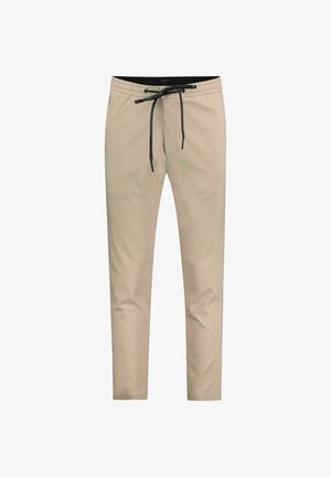 Pantalon beige stretch à coupe fuselée, avec taille élastique et cordon de serrage noir ajustable. Tissu lisse sans poches apparentes.