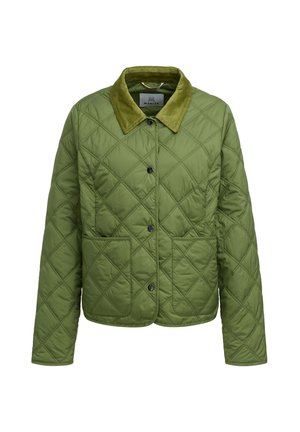 Grüne gesteppte Jacke mit Cordkragen, Knopfleiste, zwei Fronttaschen und langen Ärmeln.