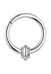 Anillo circular de plata con un acabado liso, que presenta un detalle central de nudo y una superficie pulida y sin juntas. No se proporcionan dimensiones ni escala.