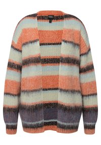 Pletený cardigan s vícebarevnými vodorovnými pruhy v korálové, modré a krémové barvě. Otevřený přední design s dlouhými rukávy a texturovanou tkaninou.