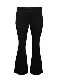 Zwarte flare jeans gemaakt van een zachte, rekbare stof. Voorzien van voorzakken, riemlussen en een klassieke knoopsluiting met ritssluiting.