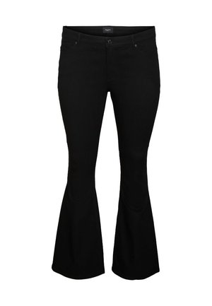 Zwarte flare jeans gemaakt van een zachte, rekbare stof. Voorzien van voorzakken, riemlussen en een klassieke knoopsluiting met ritssluiting.