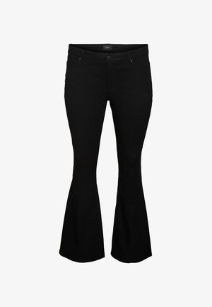 Zwarte flare jeans gemaakt van een zachte, rekbare stof. Voorzien van voorzakken, riemlussen en een klassieke knoopsluiting met ritssluiting.