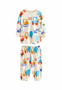Pamut két részes gyerek alvóruha szett, krémszínű alapon színes teherautó és geometriai mintákkal. Tartalmaz hosszú ujjú felsőt és elasztikus derekú nadrágot.