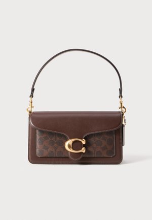 Brown leather handbag with a patterned brown design, gold hardware, a top handle, and a magnetic closure featuring a signature logo detail.