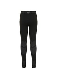 Schwarze Leggings mit einem strukturierten Design, das Chevron-Muster in einem helleren Farbton zeigt. Elastischer Bund für eine optimale Passform und Komfort.