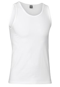 White sleeveless tank top made of soft, light fabric. Features a rounded neck and plain design without patterns or embellishments.