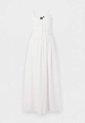 Λευκό μάξι φόρεμα χωρίς μανίκια με κουμπιά στο εμπρός μέρος, τετράγωνη λαιμόκοψη, εφαρμοστό μπούστο και στιβαρή μέση.