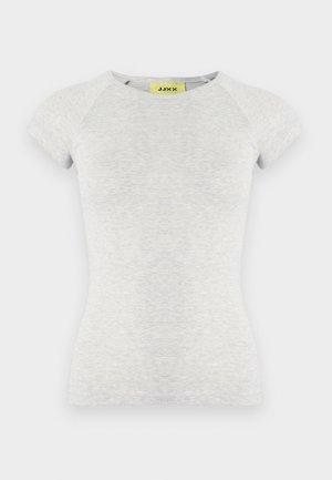 Hellgraues T-Shirt mit kurzen Ärmeln und figurbetontem Schnitt, aus weichem Stoff, mit rundem Ausschnitt und Raglanärmeln. Etikett innen sichtbar.