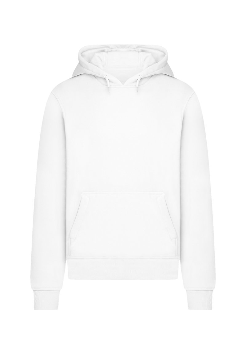 White hoodie with a front pouch pocket, drawstring adjustable hood, ribbed cuffs, and hem. Made from soft, smooth fabric.