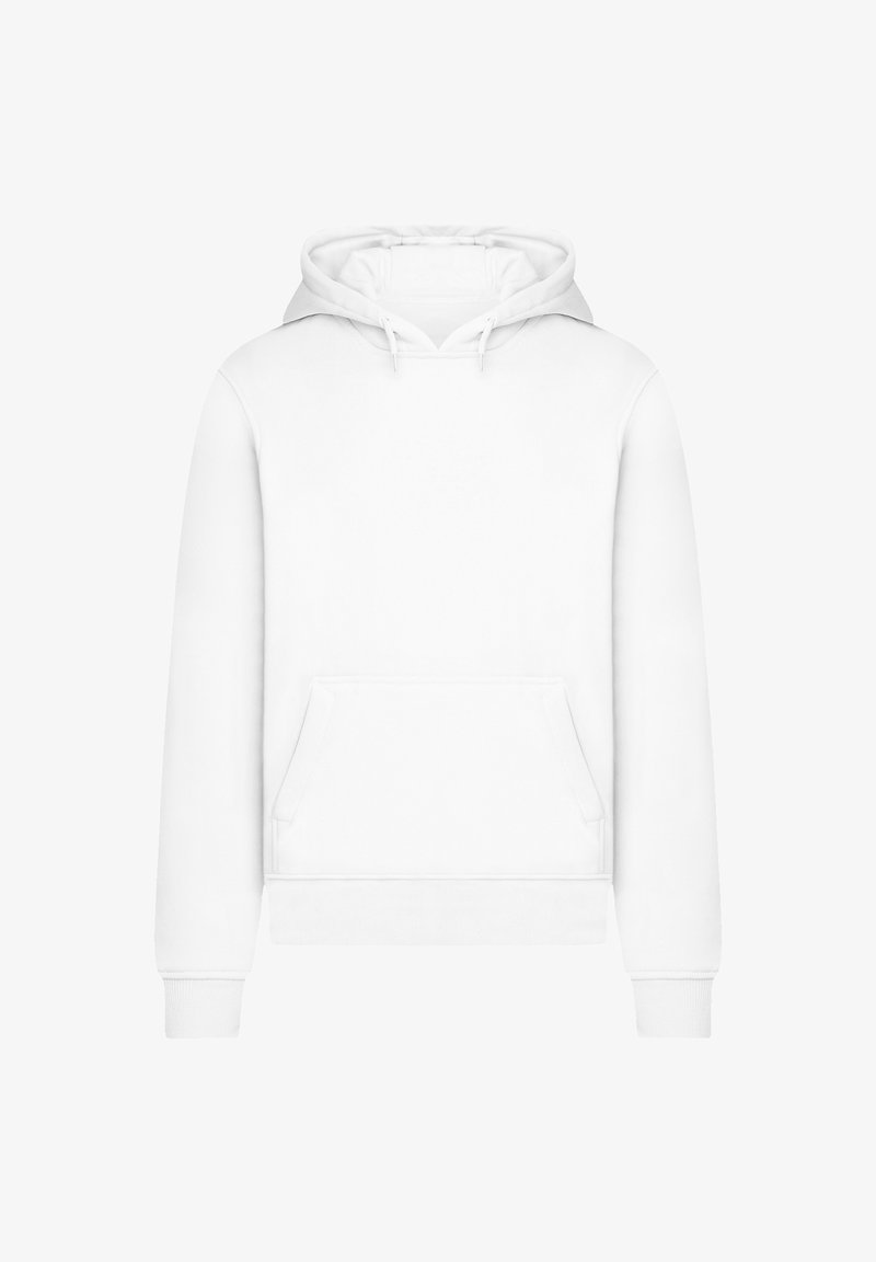 White hoodie with a front pouch pocket, drawstring adjustable hood, ribbed cuffs, and hem. Made from soft, smooth fabric.