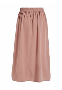 Jupe midi rose clair avec taille élastique et douces plis, fabriquée dans un tissu lisse et fluide.