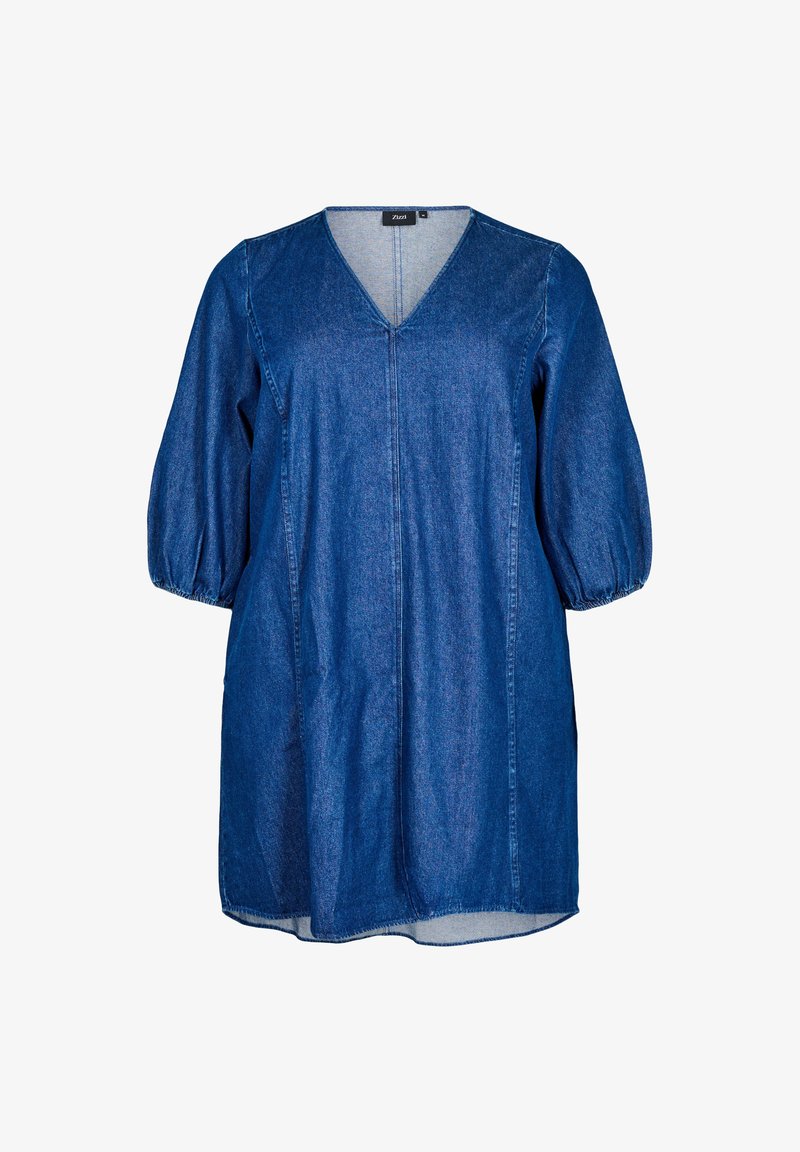 Sininen farkku mekko, jossa on V-pääntie, puhvihihat ja rento leikkaus. Varustettu suoralla helman ja sävyönnillä.