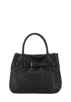 Black leather handbag with a textured surface, featuring a single rounded handle and a horizontal strap with a metal clasp.