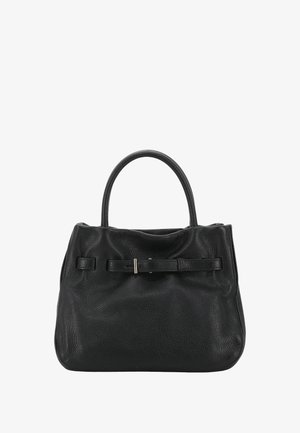 Schwarze Lederhandtasche mit strukturierter Oberfläche, ausgestattet mit einem einzigen abgerundeten Griff und einem horizontalen Riemen mit Metallschließe.