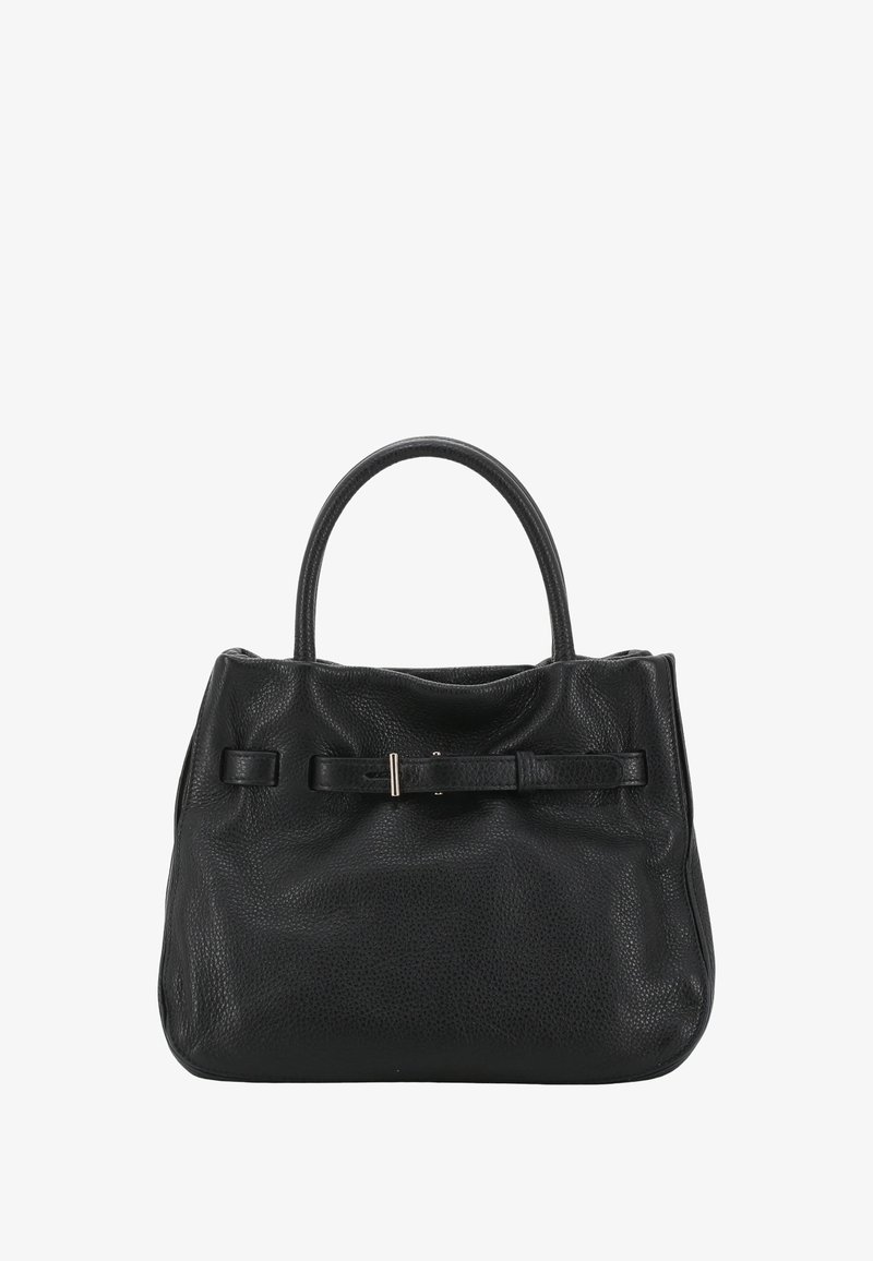 Schwarze Lederhandtasche mit strukturierter Oberfläche, ausgestattet mit einem einzigen abgerundeten Griff und einem horizontalen Riemen mit Metallschließe.
