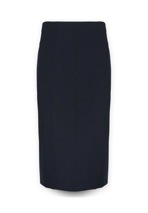 Námořnická tužková sukně vyrobená z tkané látky, s přímým střihem, vysokým pasem a vertikálními švy po stranách.