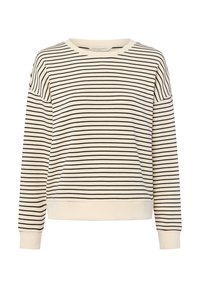 Sweter w paski w odcieniu kremowym z czarnymi paskami, okrągły dekolt, długie rękawy i ściągacze, charakteryzujący się luźnym krojem i miękką fakturą.