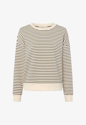 Striped sweatshirt in cream with black stripes, crew neckline, long sleeves, and ribbed cuffs, featuring a relaxed fit and soft texture.