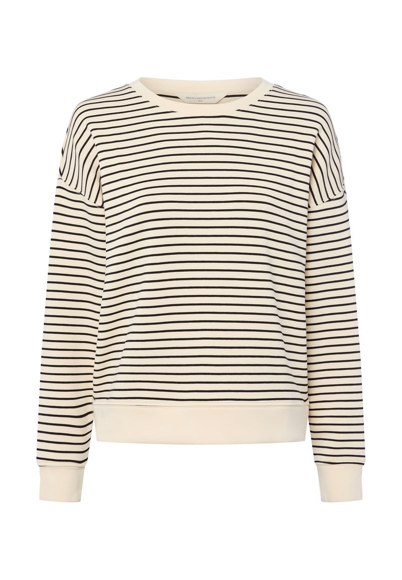 Sweter w paski w odcieniu kremowym z czarnymi paskami, okrągły dekolt, długie rękawy i ściągacze, charakteryzujący się luźnym krojem i miękką fakturą.