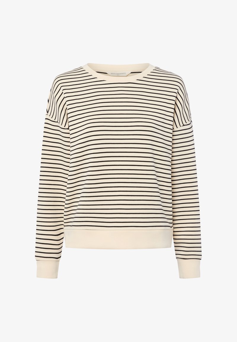 Gestreifter Sweatshirt in Creme mit schwarzen Streifen, Rundhalsausschnitt, langen Ärmeln und gerippten Bündchen, mit einem lockeren Schnitt und weicher Textur.