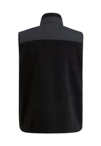 Chaleco de forro polar negro con cuello alto, que presenta un panel suave en gris en los hombros. Textura suave, diseño sin mangas y costuras mínimas.