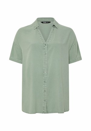 Camisa de manga corta de color verde claro con botones, cuello, tapeta frontal y ajuste holgado.