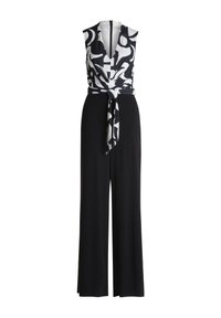 Zwarte jumpsuit met een mouwloze, diepe V-halsontwerp, met een wikkel taille en een contrasterende top met zwart-wit abstract patroon.