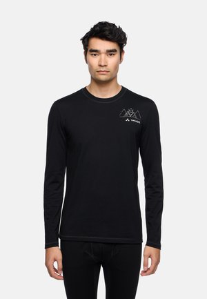 Zwarte langefsleevenshirt gemaakt van een gladde stof, met een eenvoudig bergontwerp en logo van het merk op de linkerborst.