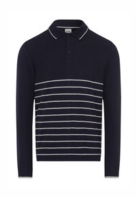 Marineblaues Langarm-Polohemd mit grauen horizontalen Streifen, Kragen und Knopfleiste. Hergestellt aus weichem, leichtem Stoff.