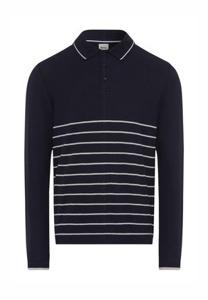 Navy long-sleeve polo shirt with gray horizontal stripes, collared neckline, and button placket. Made from soft, lightweight fabric.