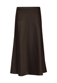 Brown satin midi skirt with a smooth, shiny texture, flared silhouette, and a seamless waistband, designed for a classic, elegant look.
