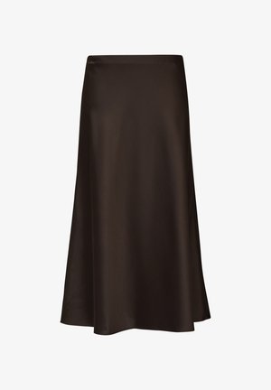 Brązowa midi spódnica z satyny o gładkiej, błyszczącej fakturze, rozkloszowanym kroju i bezszwowej talii, zaprojektowana na klasyczny, elegancki wygląd.