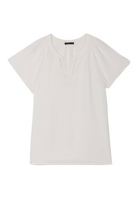 Weißes kurzärmliges Oberteil mit V-Ausschnitt und subtiler Struktur. Verfügt über vertikale Nähte am Ausschnitt. Weicher Stoff, lockere Passform.