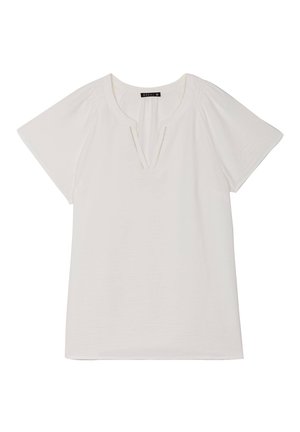 Weißes kurzärmliges Oberteil mit V-Ausschnitt und subtiler Struktur. Verfügt über vertikale Nähte am Ausschnitt. Weicher Stoff, lockere Passform.