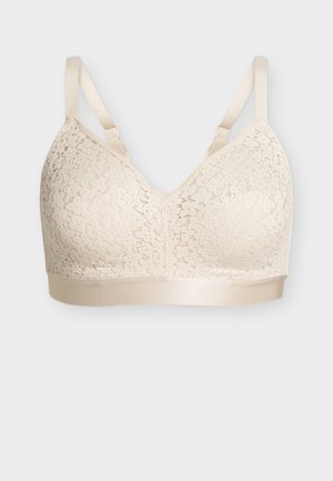 Sujetador inalámbrico de encaje crema con tirantes ajustables y banda inferior ancha, diseñado para brindar comodidad y soporte ligero.