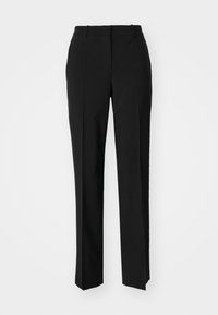 Black tailored straight-leg trousers with front crease, belt loops, and concealed fastening, shown against a plain light background.