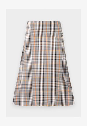 Põlveni pikk A-lõikega seelik, millel on valgel taustal pruunide, mustade ja oranžide ruudumustriga ning küljetahvel.