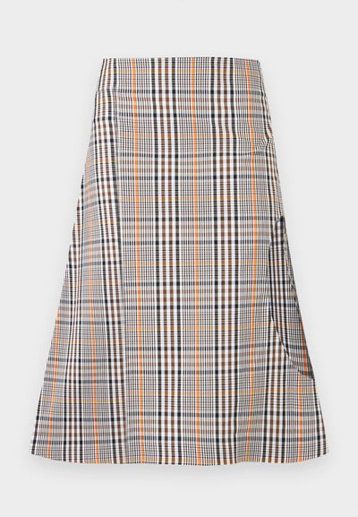Φούστα μήκους μέχρι το γόνατο σε σχήμα Α με καρό μοτίβο σε καφέ, μαύρο και πορτοκαλί χρώμα σε λευκό φόντο, με πλαϊνή χαραγή.