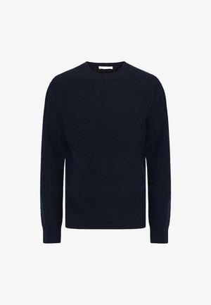 Maglione blu navy a trama treccia con maniche lunghe e polsini, scollatura e orlo a coste.