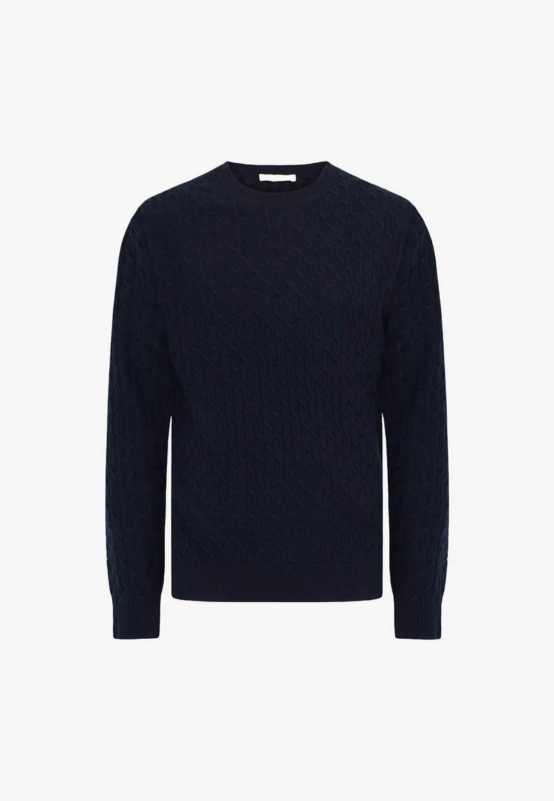 Navy blue cable knit sweater with long sleeves and ribbed cuffs, neckline, and hem.