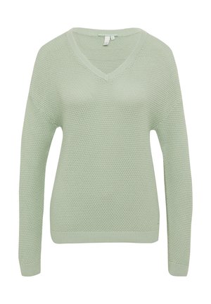 Šviesiai žalias megztinis su V formos iškirpte, ilgomis rankovėmis ir tekstūruotu audiniu. Raukšlėti rankogaliai ir apykaklė, laisvas siluetas.